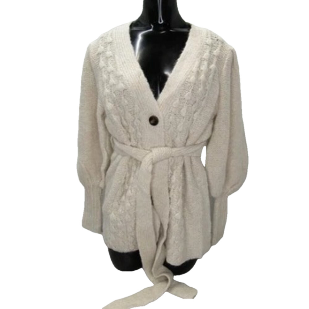 NEW TOCCIN Cardigan Vanilla Beige Size XS Short Popcorn Button Up Waist Tie